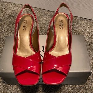 Franco Sarto Red Patent Leather Open Toe Wedges